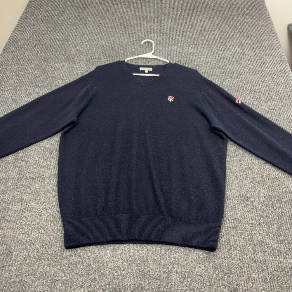 Peter Millar Sweater Mens L Navy Cashmere V Neck Embroidered‎ Union Jack Luxury